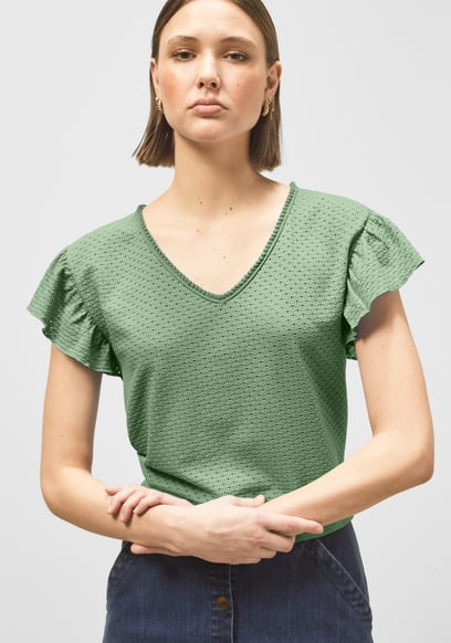 Frill Sleeves Mash Textured Jersey T-Shirt