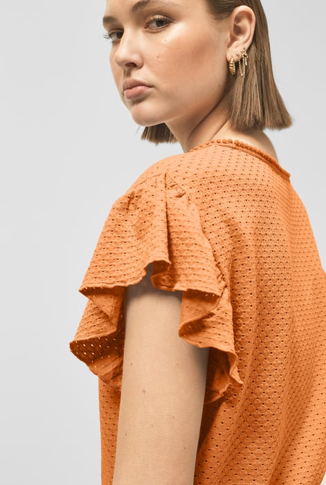 Orange Frill Sleeves Mash Textured Jersey T-Shirt