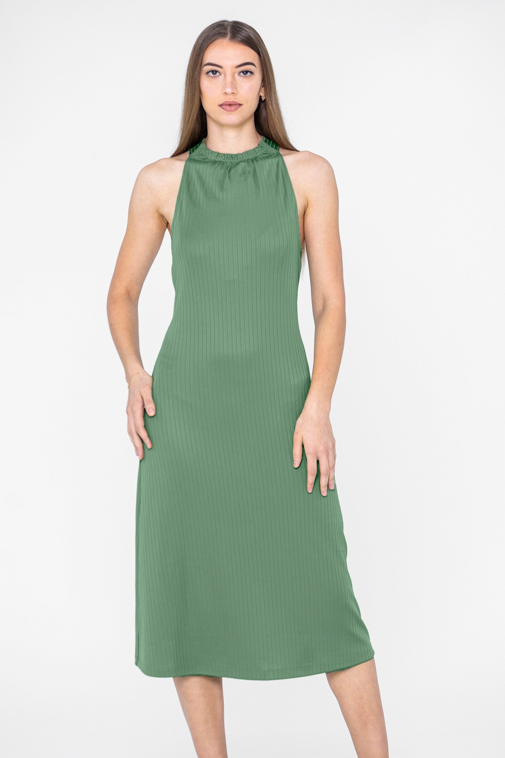 Enorsia Women's Green Halter Neck Dress With Criss-Cross Back - Uk 14