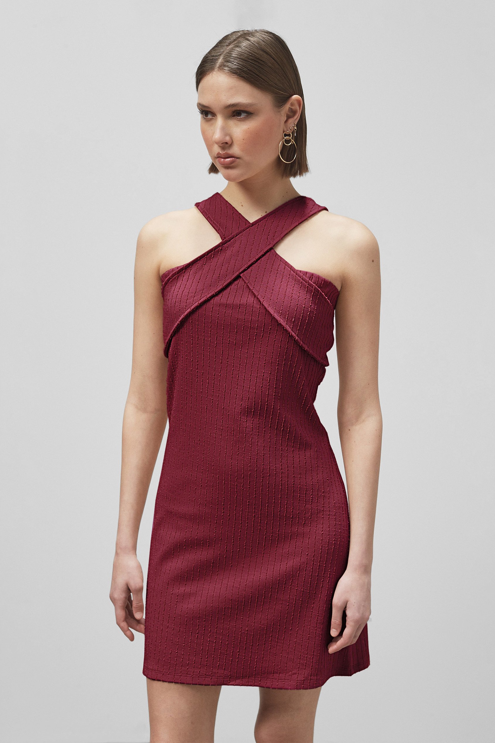 Enorsia Women's Red Ribbed Cross Halterneck Mini Dress - Uk 18