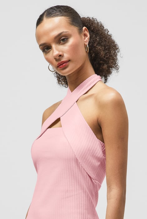 Pink Crisscross Halter Rib Dress with Open Back