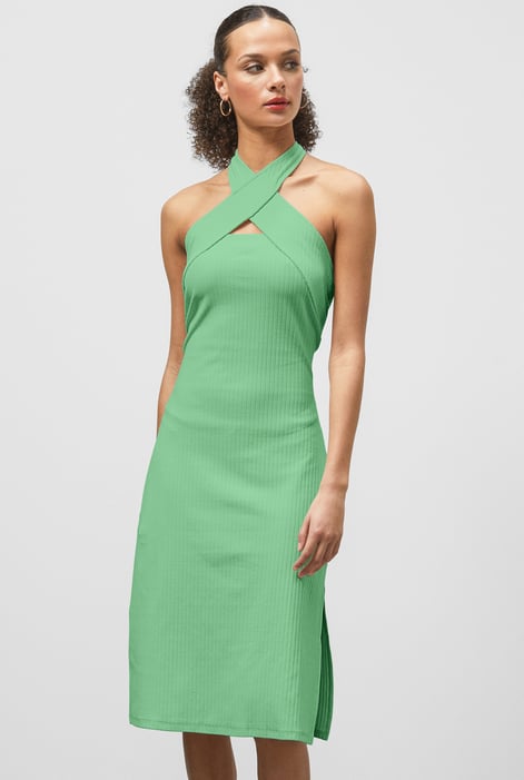 White Crisscross Halter Rib Dress with Open Back