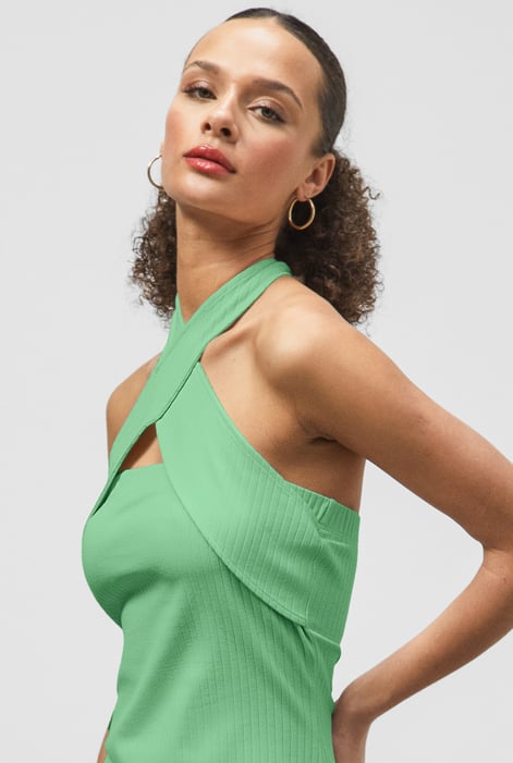 Green Crisscross Halter Rib Dress with Open Back