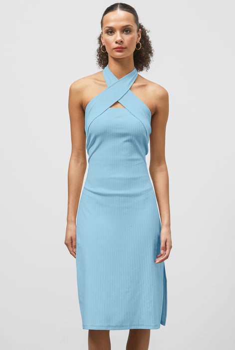 White Crisscross Halter Rib Dress with Open Back