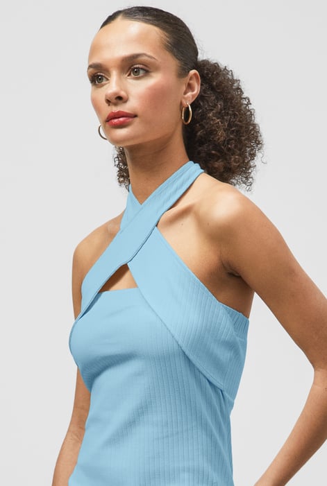 Blue Crisscross Halter Rib Dress with Open Back