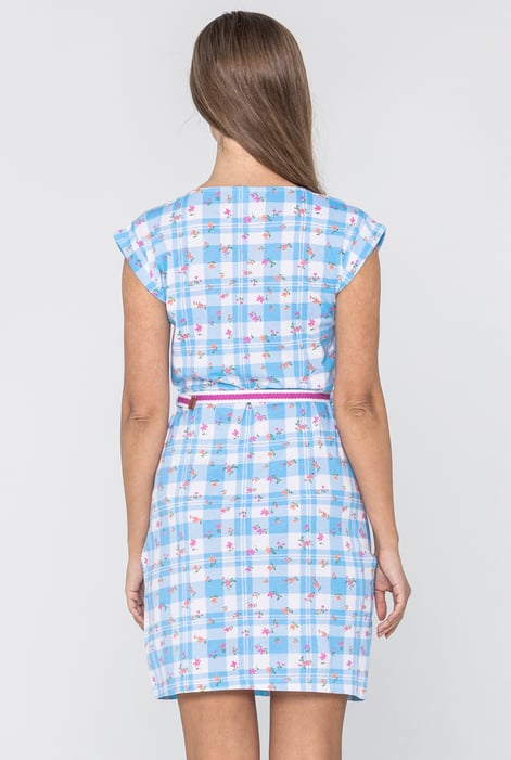 Blue Belted Printed Jersey Dress
