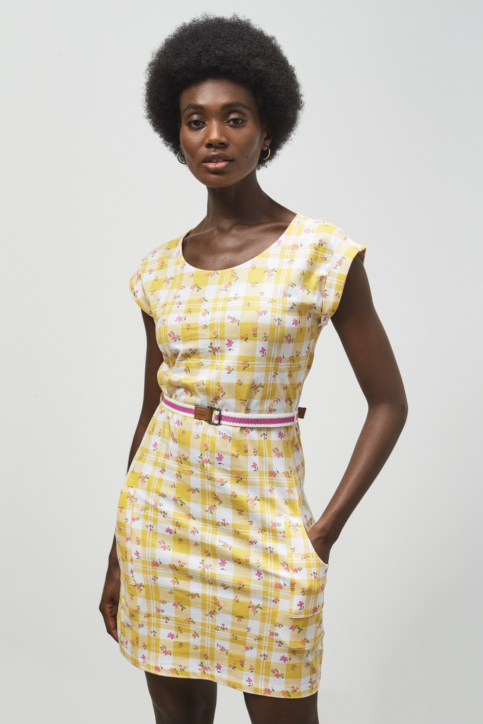 Enorsia Women's Yellow Belted Printed Jersey Dress - Uk 10