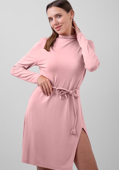 Mock Neck Tie-Belt Mini Dress