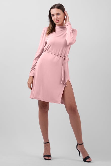 Mock Neck Tie-Belt Mini Dress