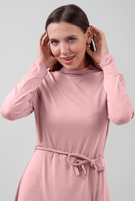 Pink Mock Neck Tie-Belt Mini Dress