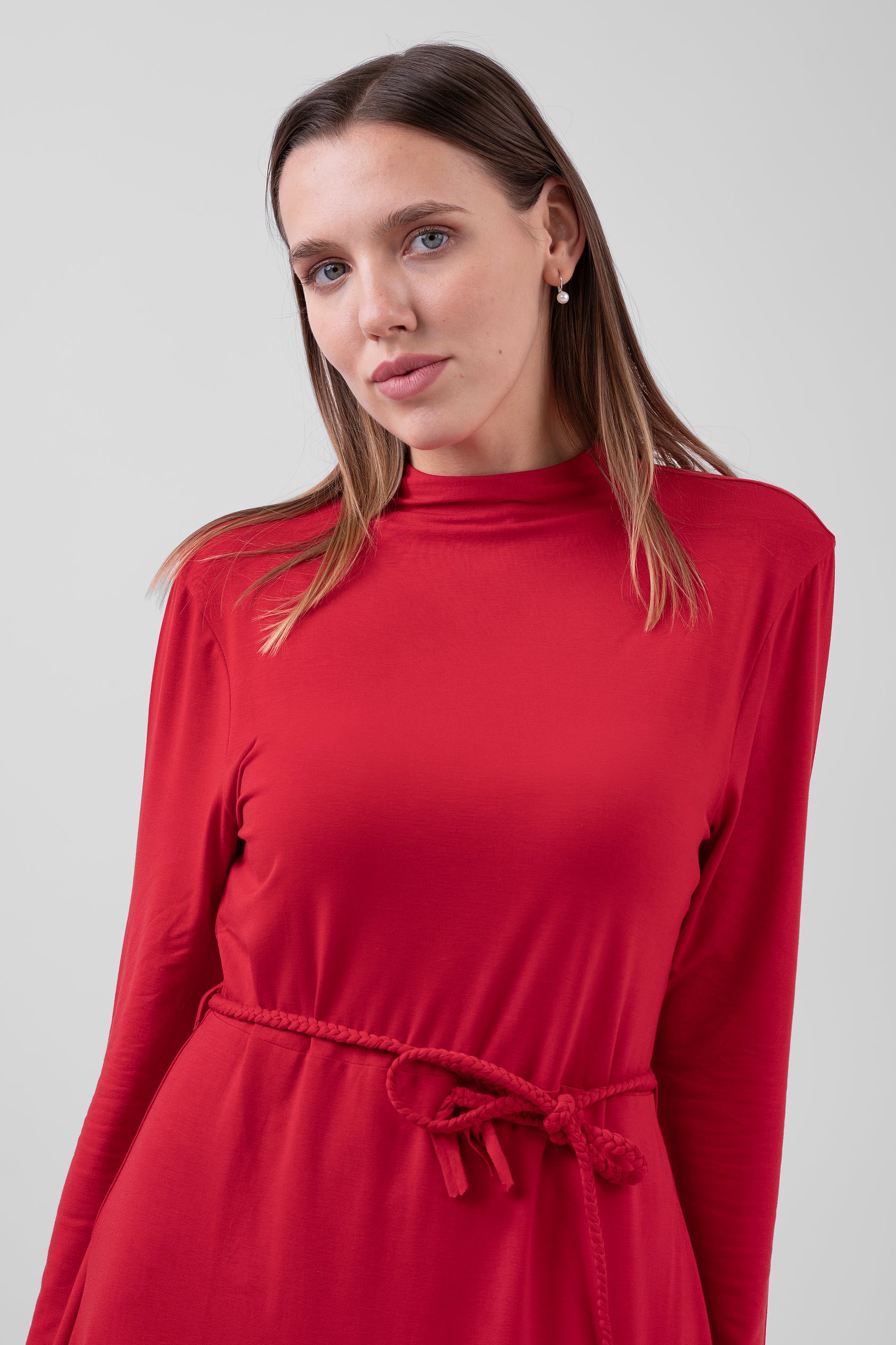 Mock Neck Tie-Belt Mini Dress