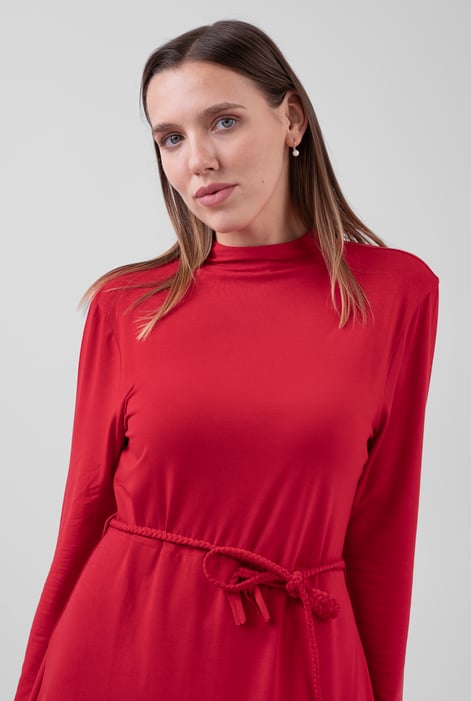 Red Mock Neck Tie-Belt Mini Dress