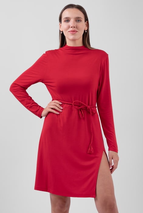 Red Mock Neck Tie-Belt Mini Dress