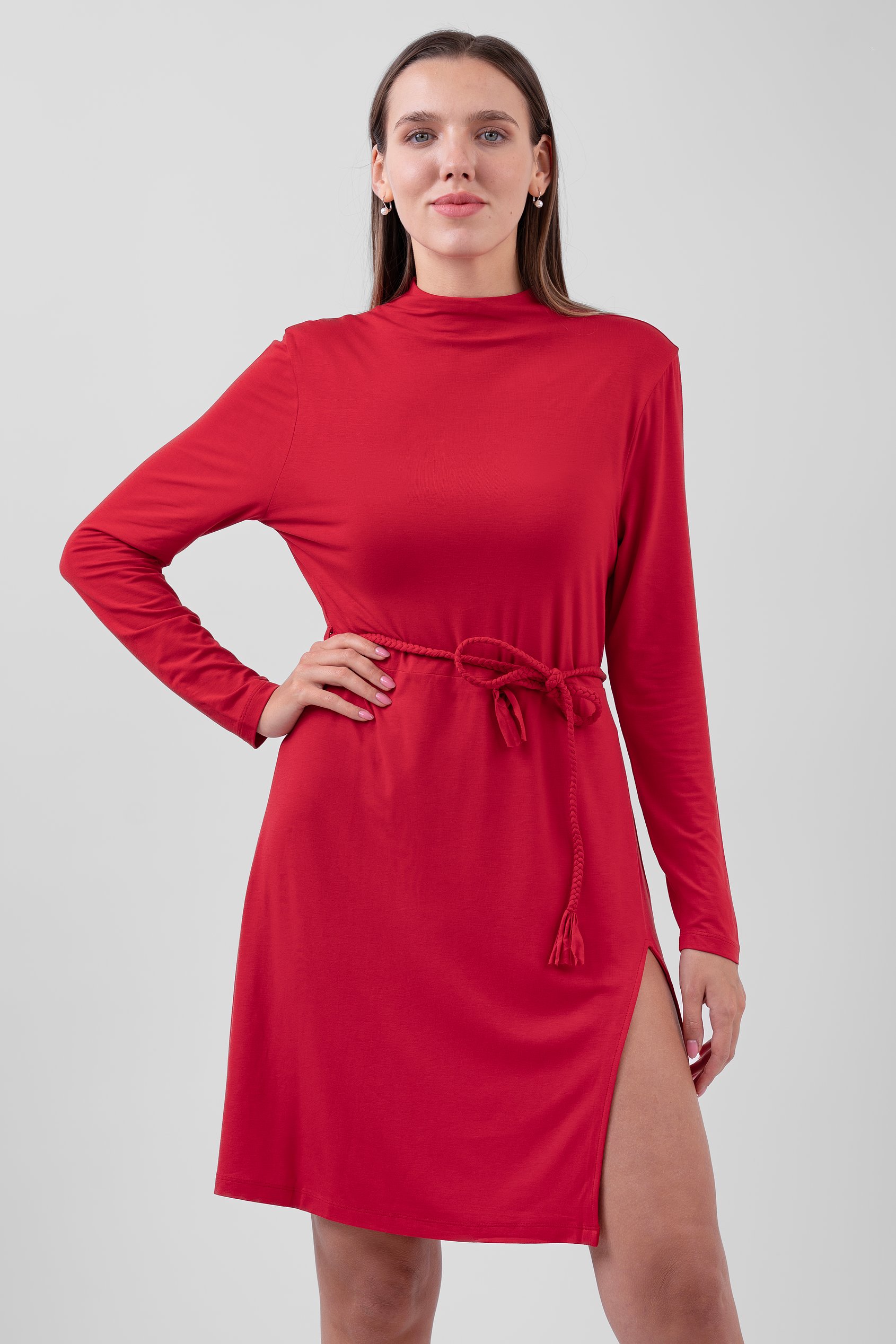 Enorsia Women's Red Mock Neck Tie-Belt Mini Dress - Uk 18