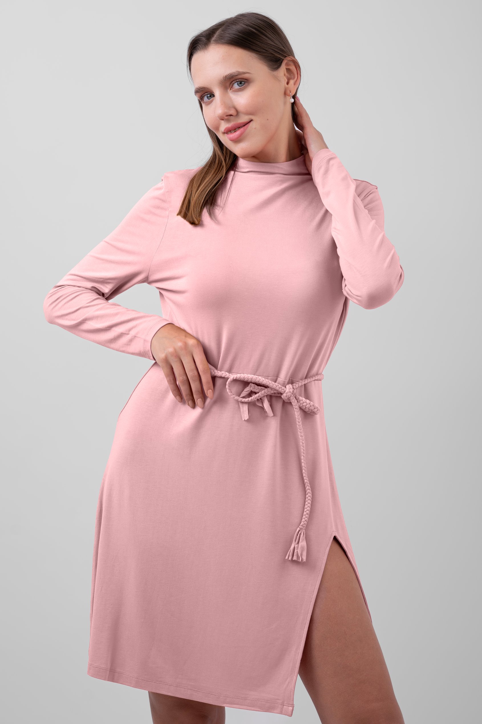Enorsia Women's Pink Mock Neck Tie-Belt Mini Dress - Uk 16