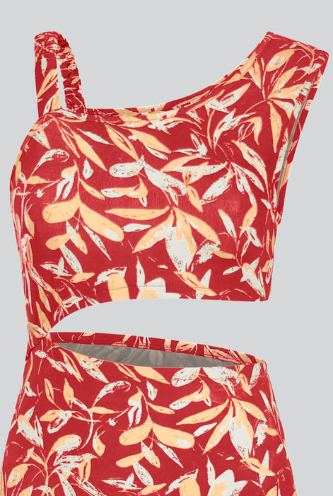 Women's Red Printed Midi Dress with Cut-Out Detail