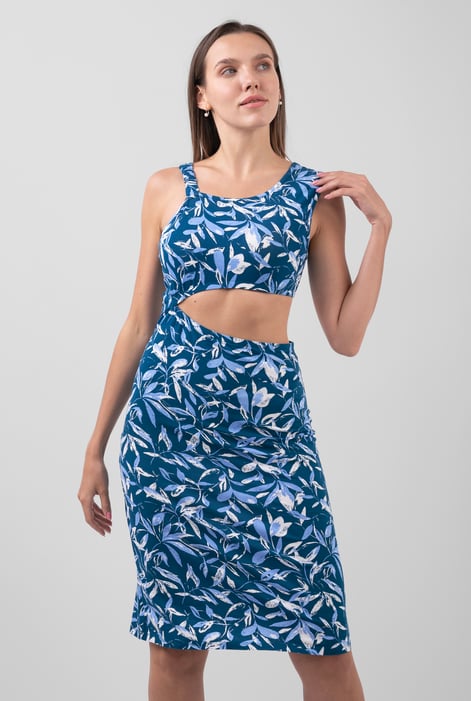 Women's Black Printed Midi Dress with Cut-Out Detail