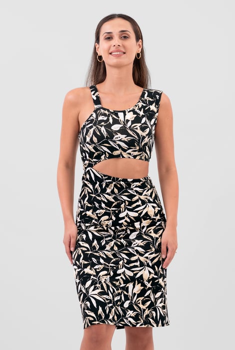 Women's Black Printed Midi Dress with Cut-Out Detail