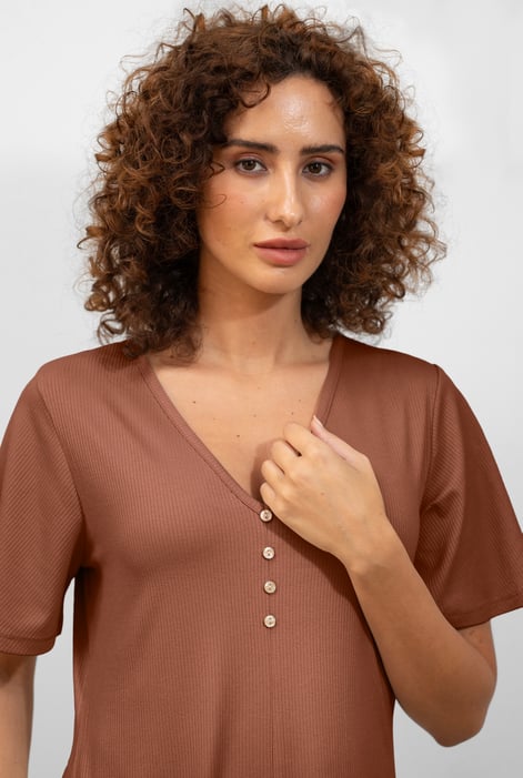 Brown Bell Sleeve Textured Rib Playsuit