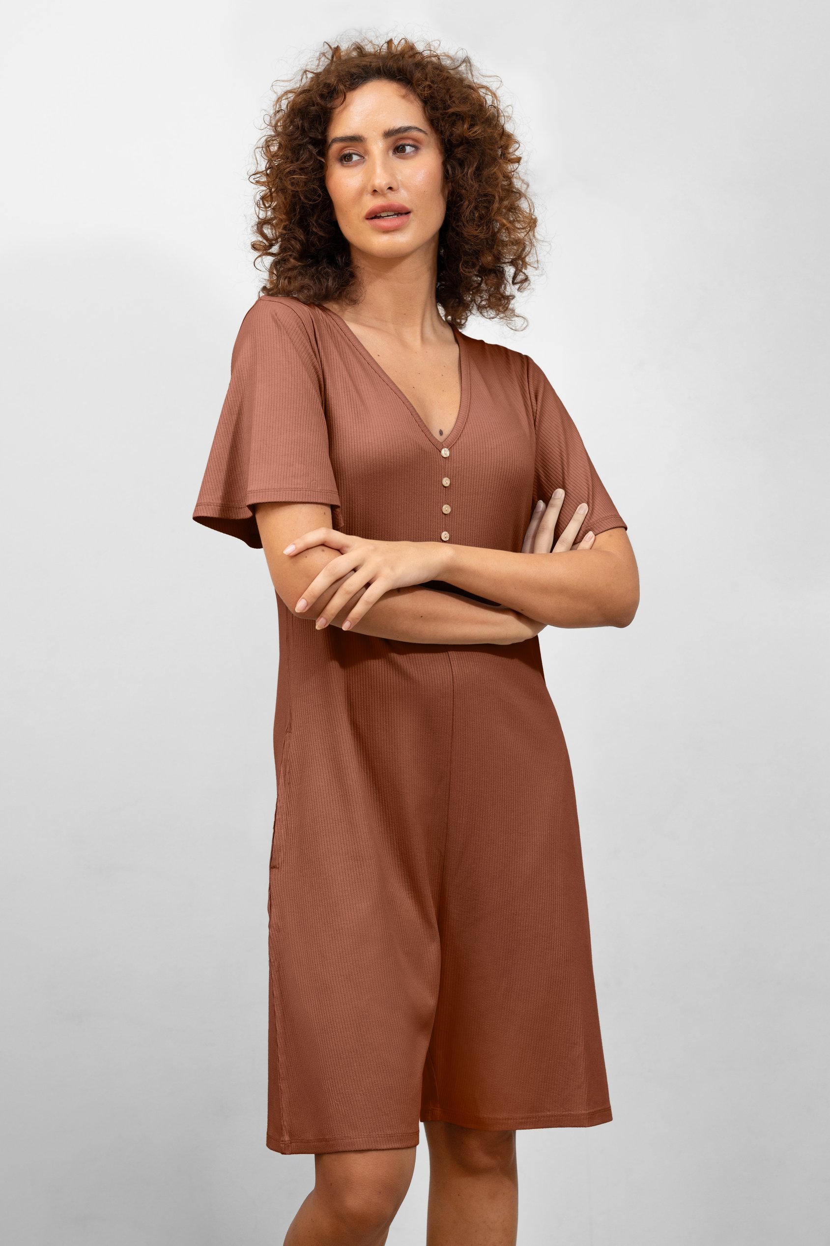 Enorsia Women's Brown Bell Sleeve Textured Rib Playsuit - Uk 16