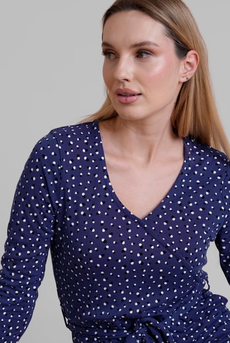 Deep Blue Slim Fit V-Neck Dot Printed Dress