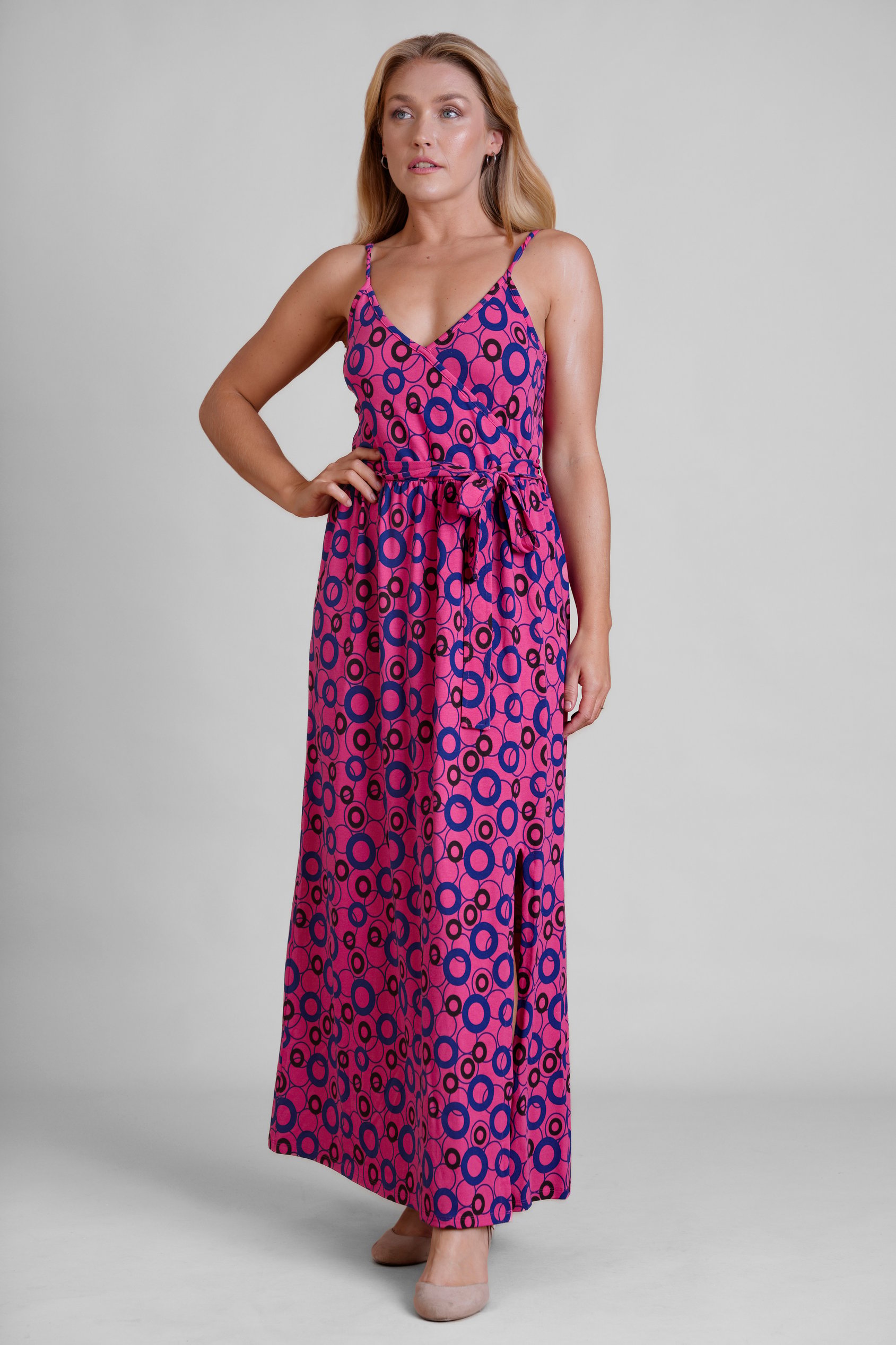 Enorsia Women's Pink Geo Printed Jersey Wrap Front Maxi Dress - Uk 18