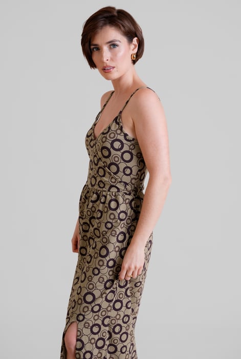Brown Geo Printed Jersey Wrap Front Maxi Dress