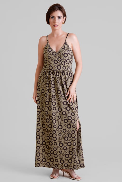 Brown Geo Printed Jersey Wrap Front Maxi Dress