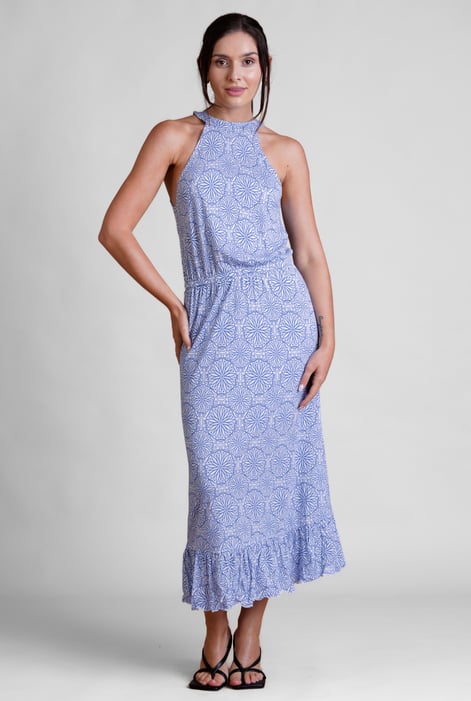 Blue Tiles Print Halter Neck Midi Jersey Dress