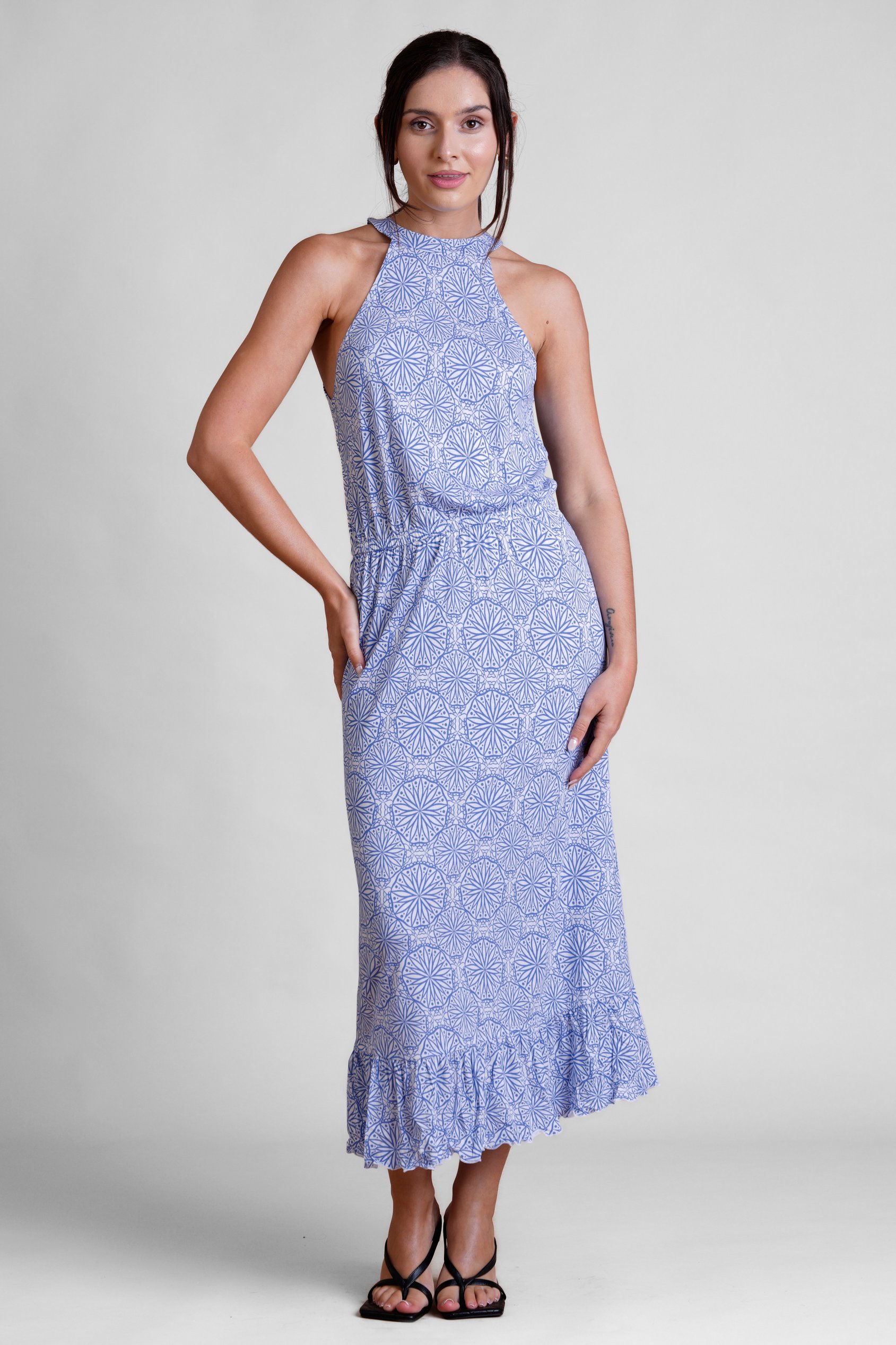 Enorsia Women's Blue Tiles Print Halter Neck Midi Jersey Dress - Uk 8