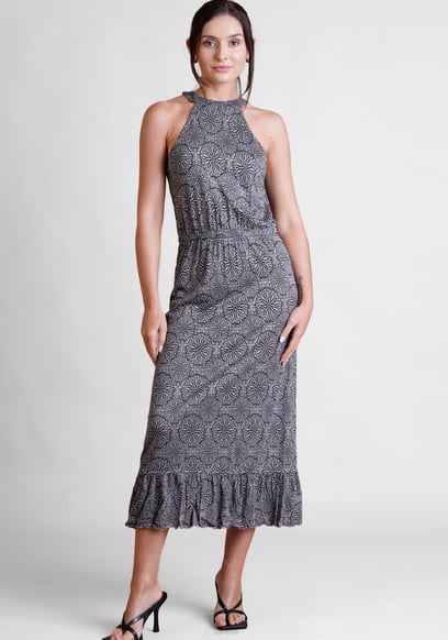 Tiles Print Halter Neck Midi Jersey Dress