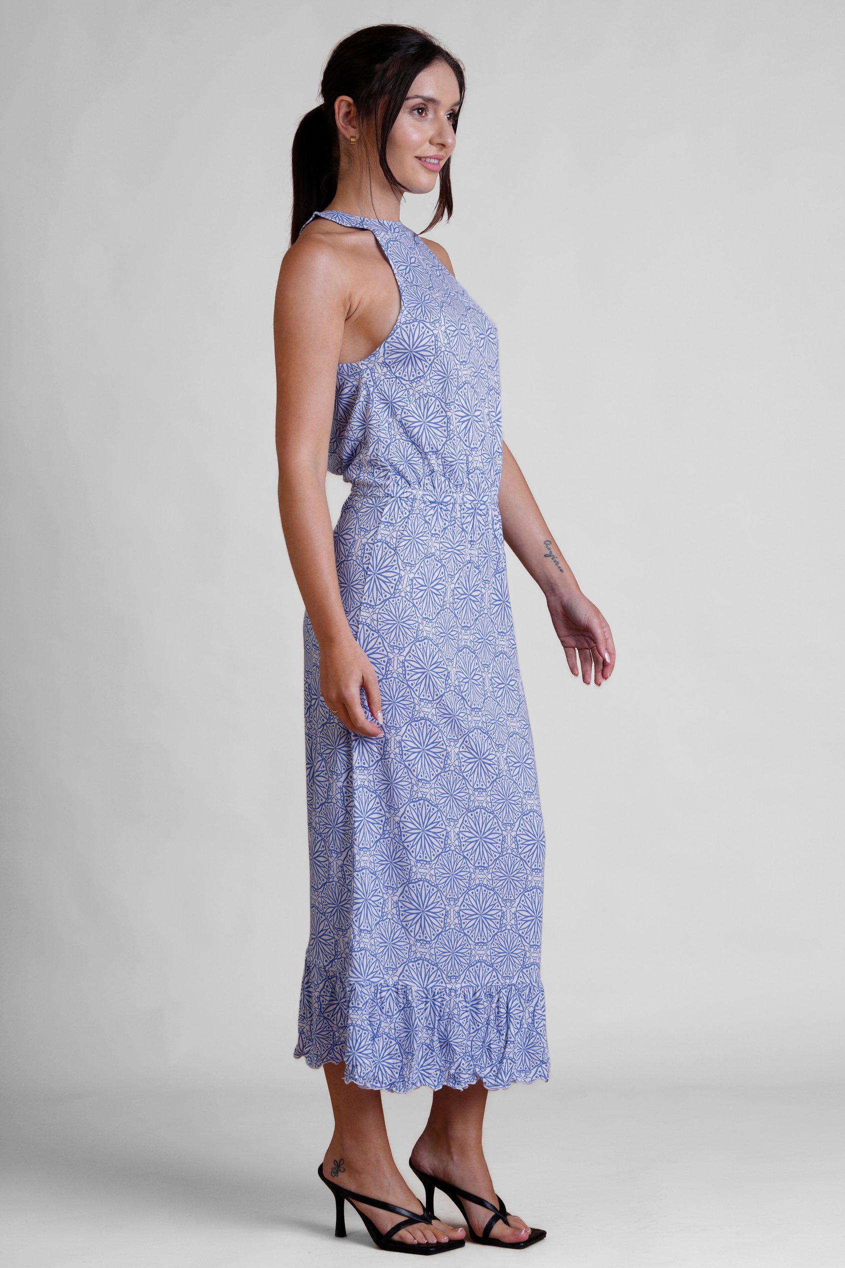 Tiles Print Halter Neck Midi Jersey Dress