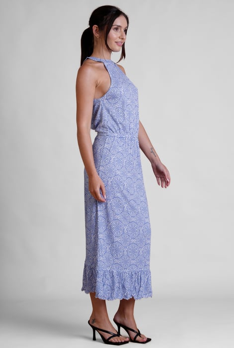 Blue Tiles Print Halter Neck Midi Jersey Dress