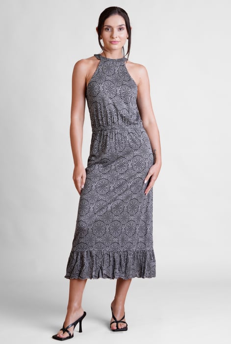 Blue Tiles Print Halter Neck Midi Jersey Dress