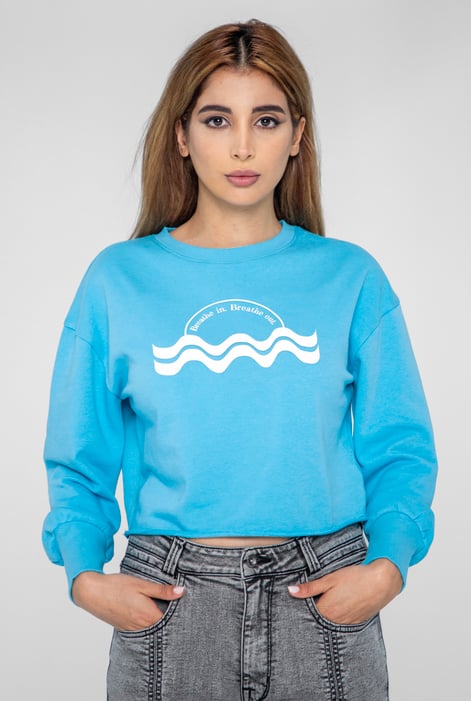 Blue Raw Edge Chest Print Sweatshirt