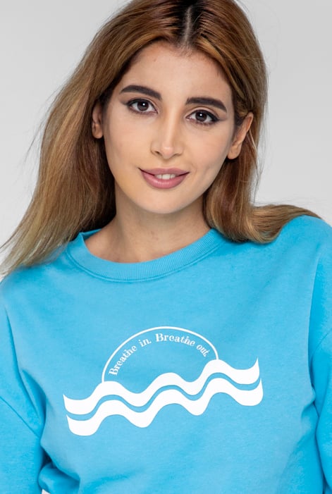 Blue Raw Edge Chest Print Sweatshirt