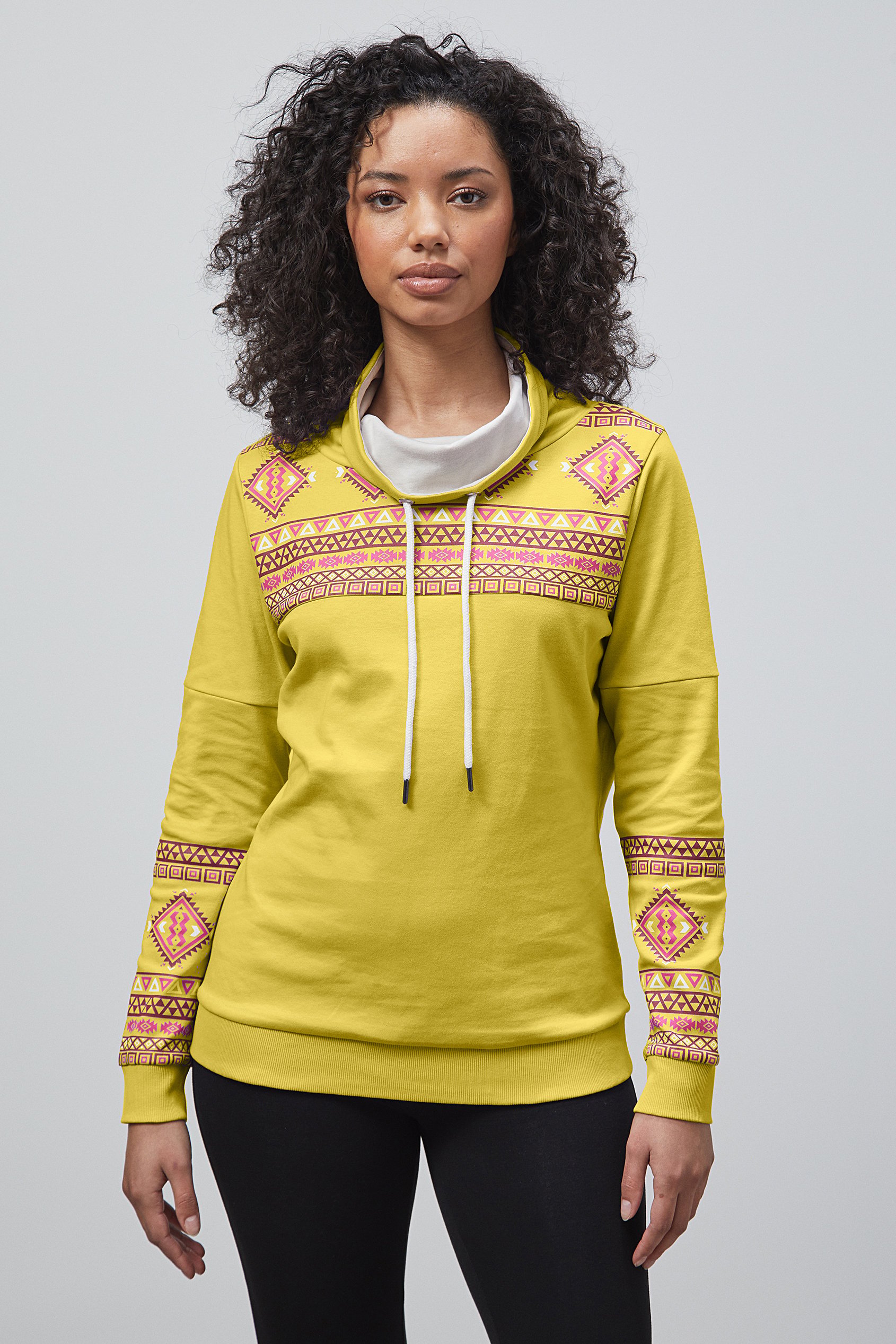 Enorsia Women's Yellow Geo Printed High Collar Sweatshirt - Uk 8
