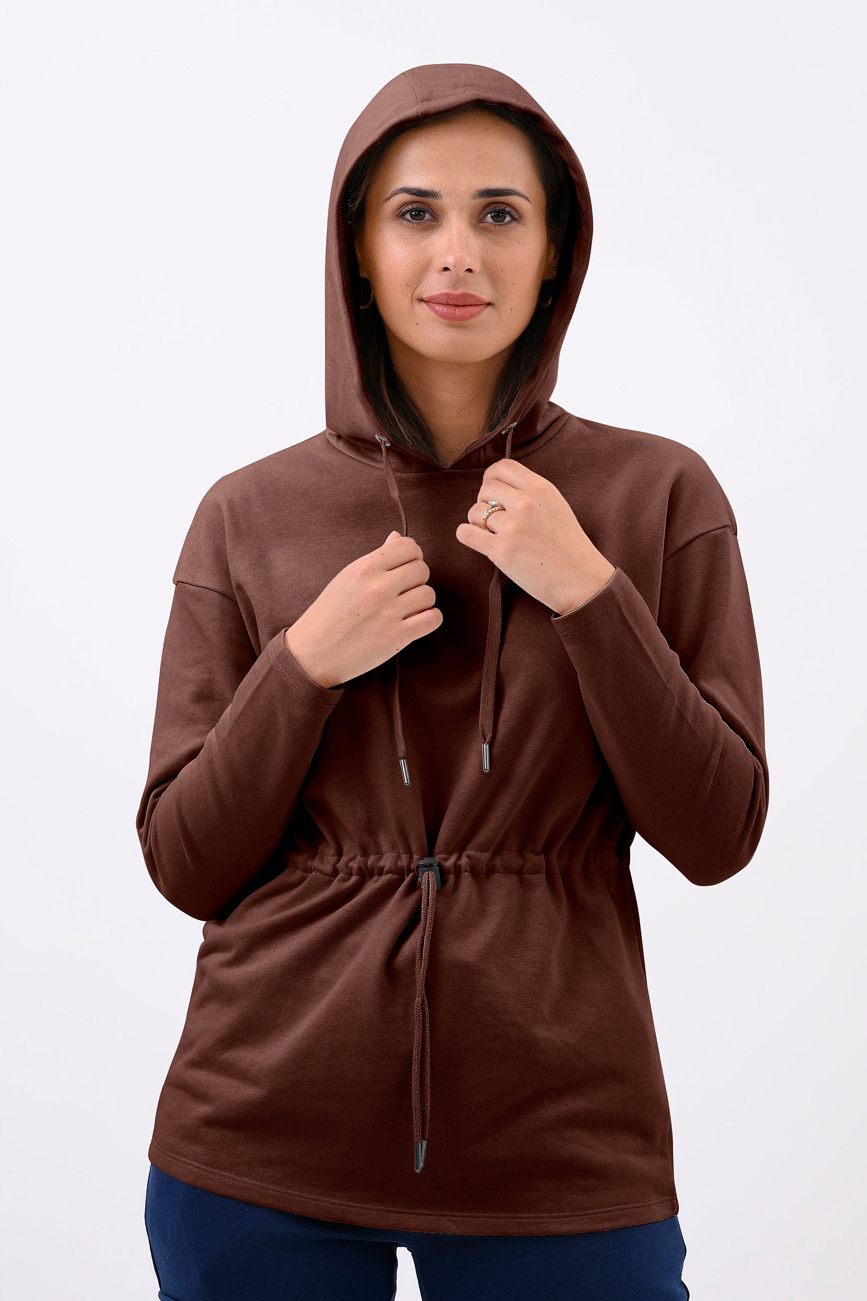 Enorsia Women's Brown Hooded Tie Waist Sweatshirt - Uk 14