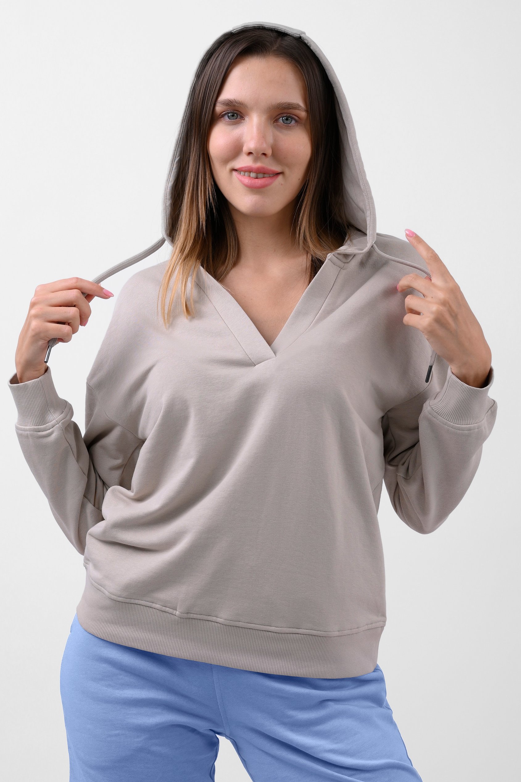 Enorsia Women's Silver V-Neck Drop Shoulder Hoodie - Uk 18
