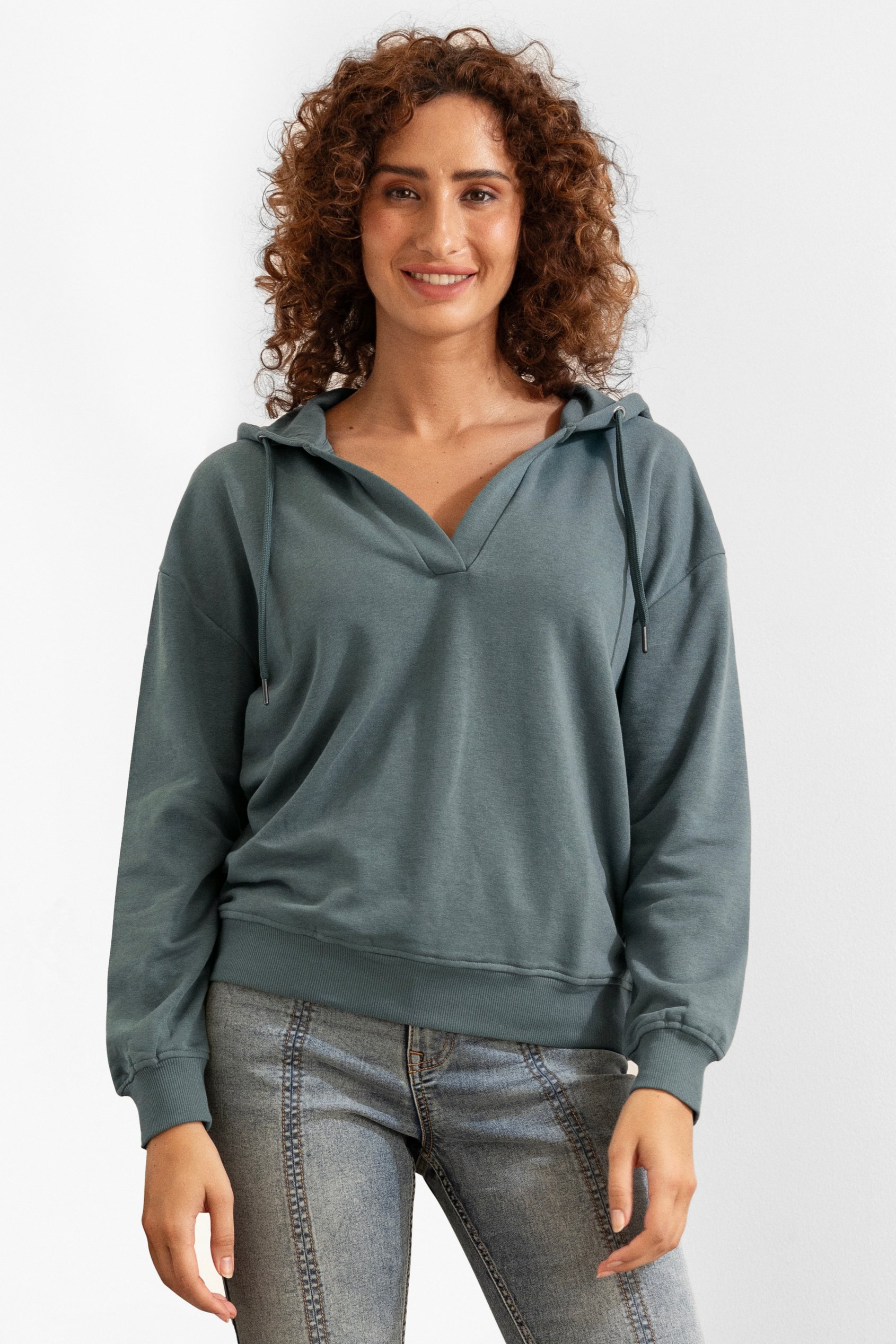 Enorsia Women's Green V-Neck Drop Shoulder Hoodie - Uk 16