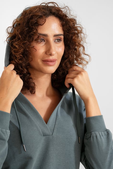 Womens Green V-Neck Drop Shoulder Hoodie