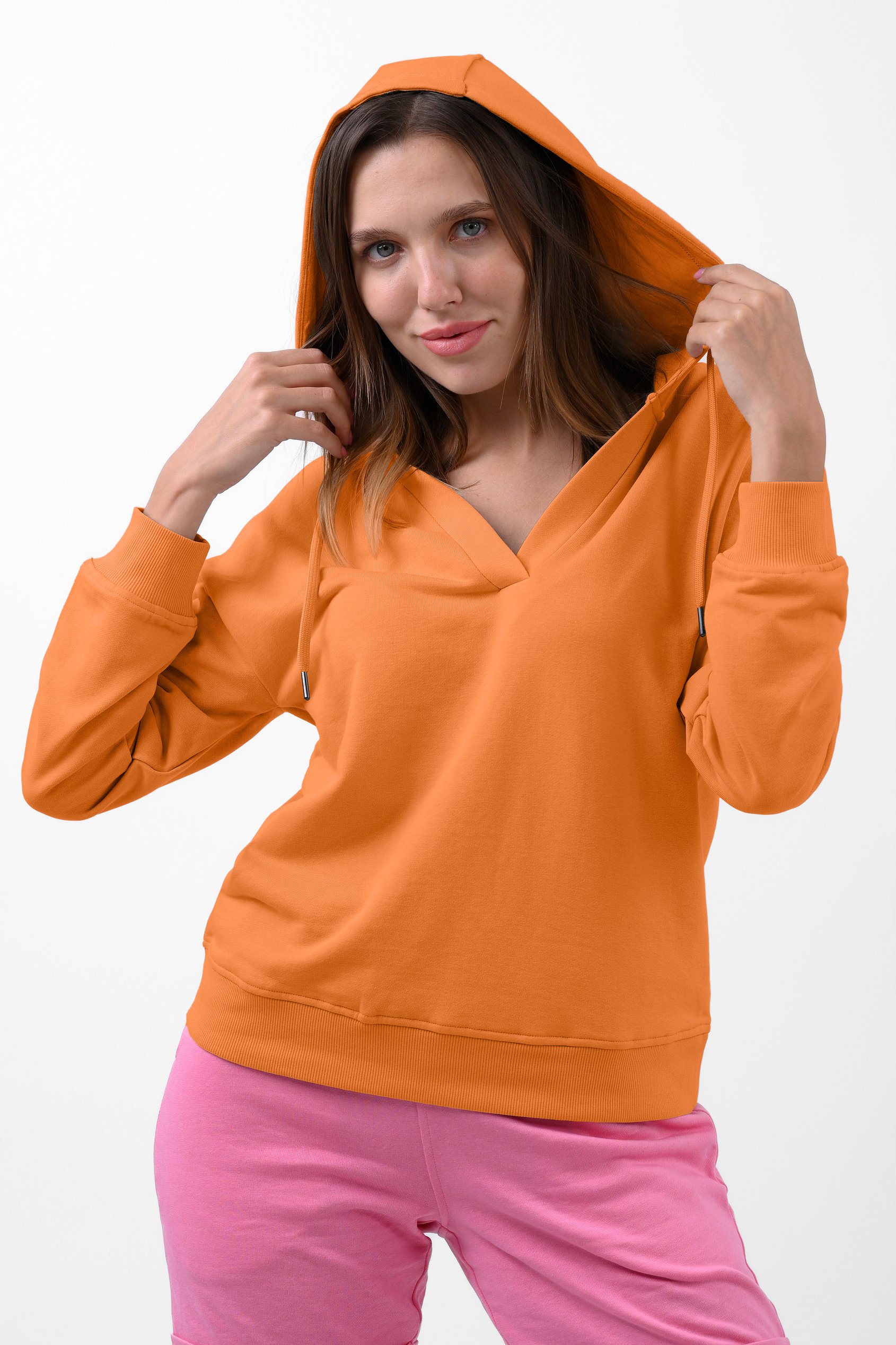 Enorsia Women's Orange V-Neck Drop Shoulder Hoodie - Uk 18
