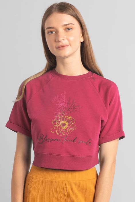 Womens Red Blossom Print Cropped Sweatshirt