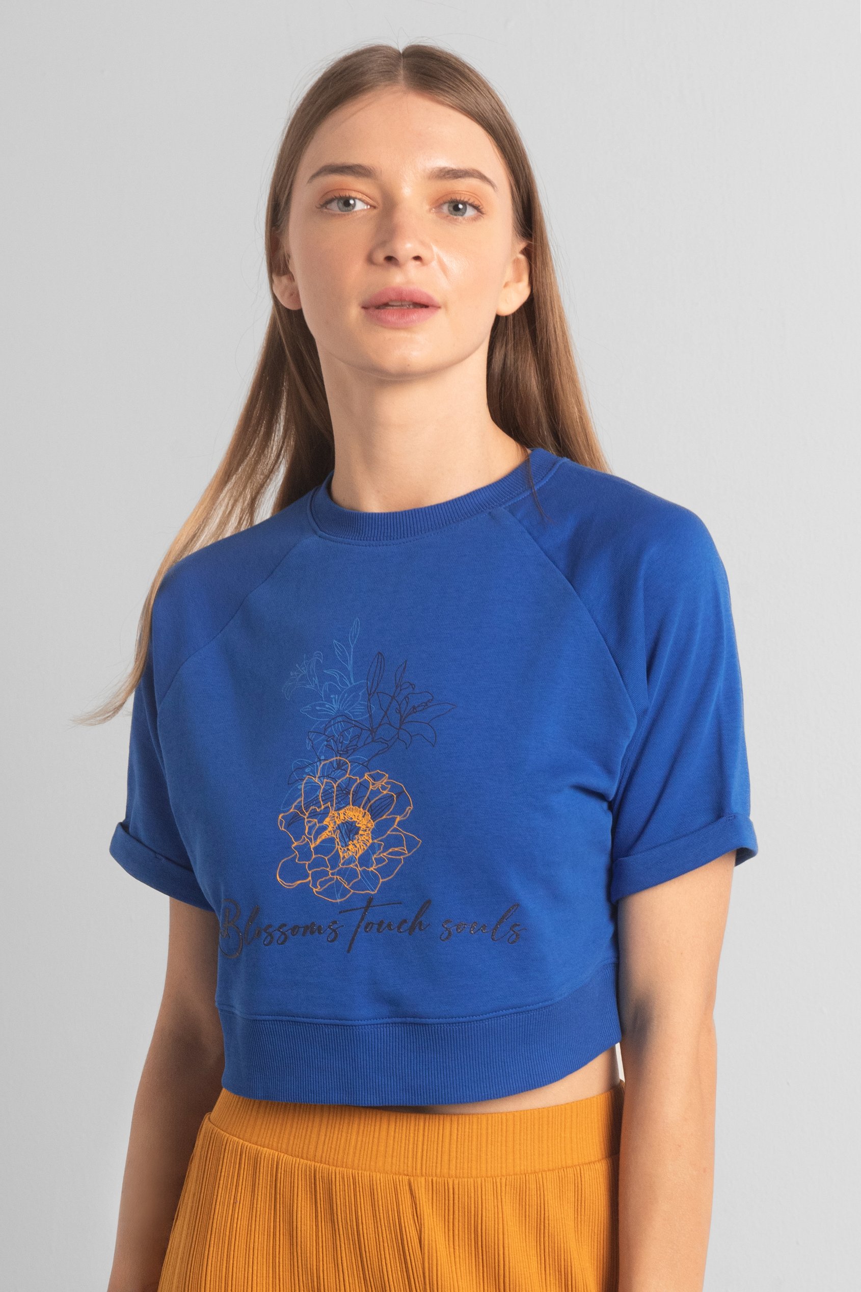 Enorsia Women's Blue Blossom Print Cropped Sweatshirt - Uk 16