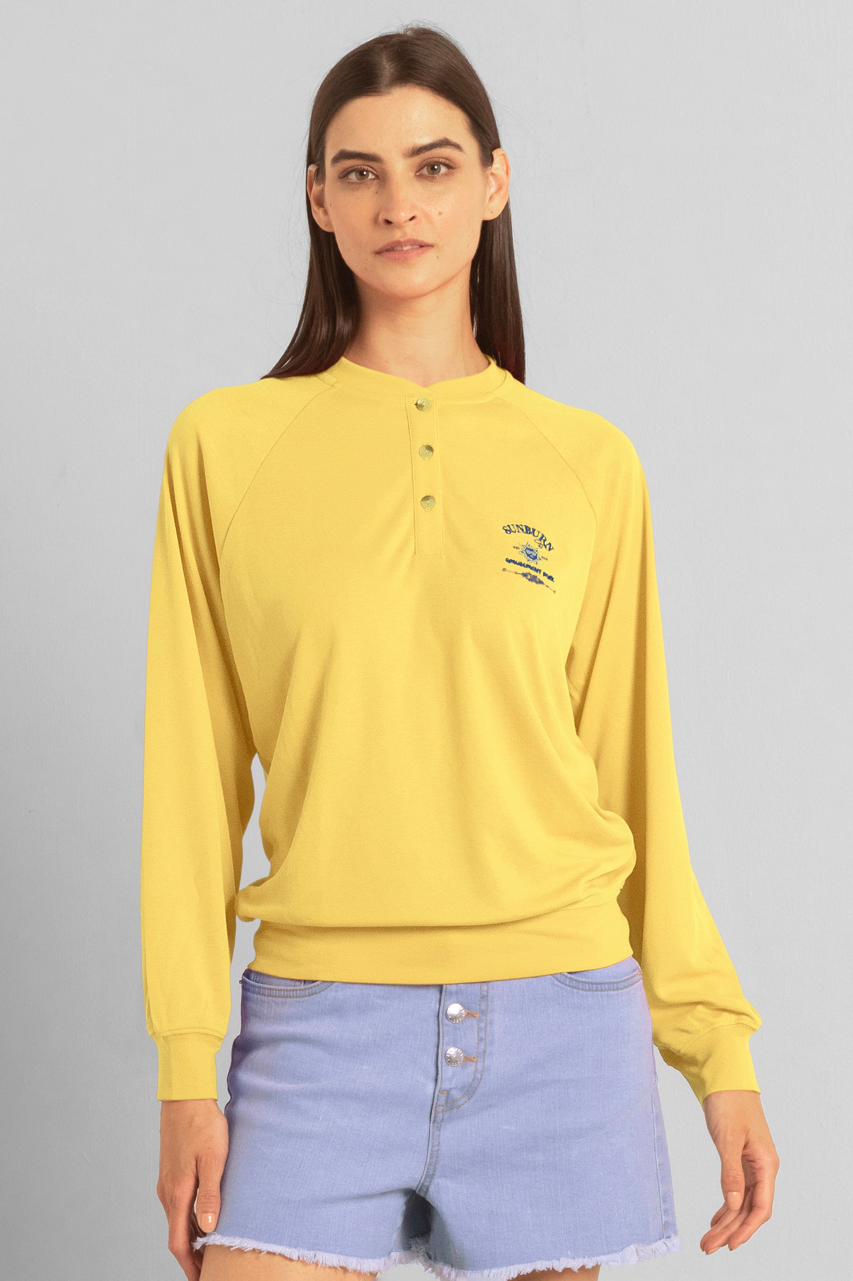 Enorsia Women's Yellow Henley Button Up Long Sleeve Sweatshirt - Uk 16