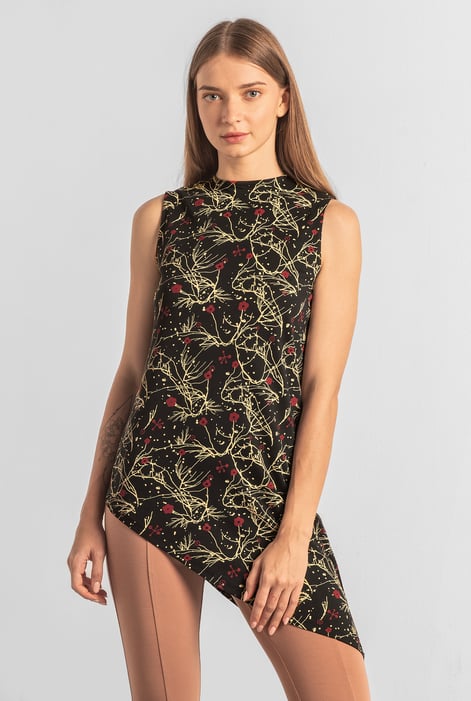 Black Asymmetric Hem Sleeveless Printed Top