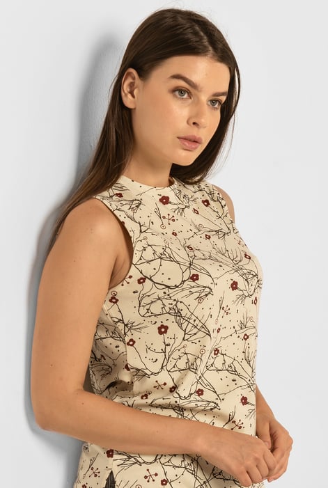 Cream Asymmetric Hem Sleeveless Printed Top