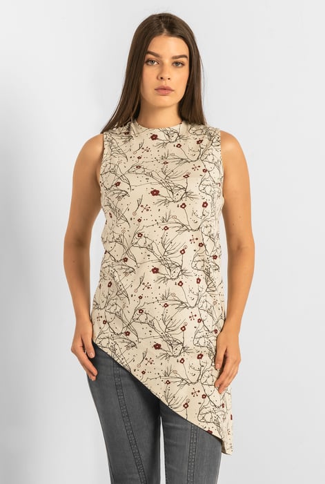 Black Asymmetric Hem Sleeveless Printed Top