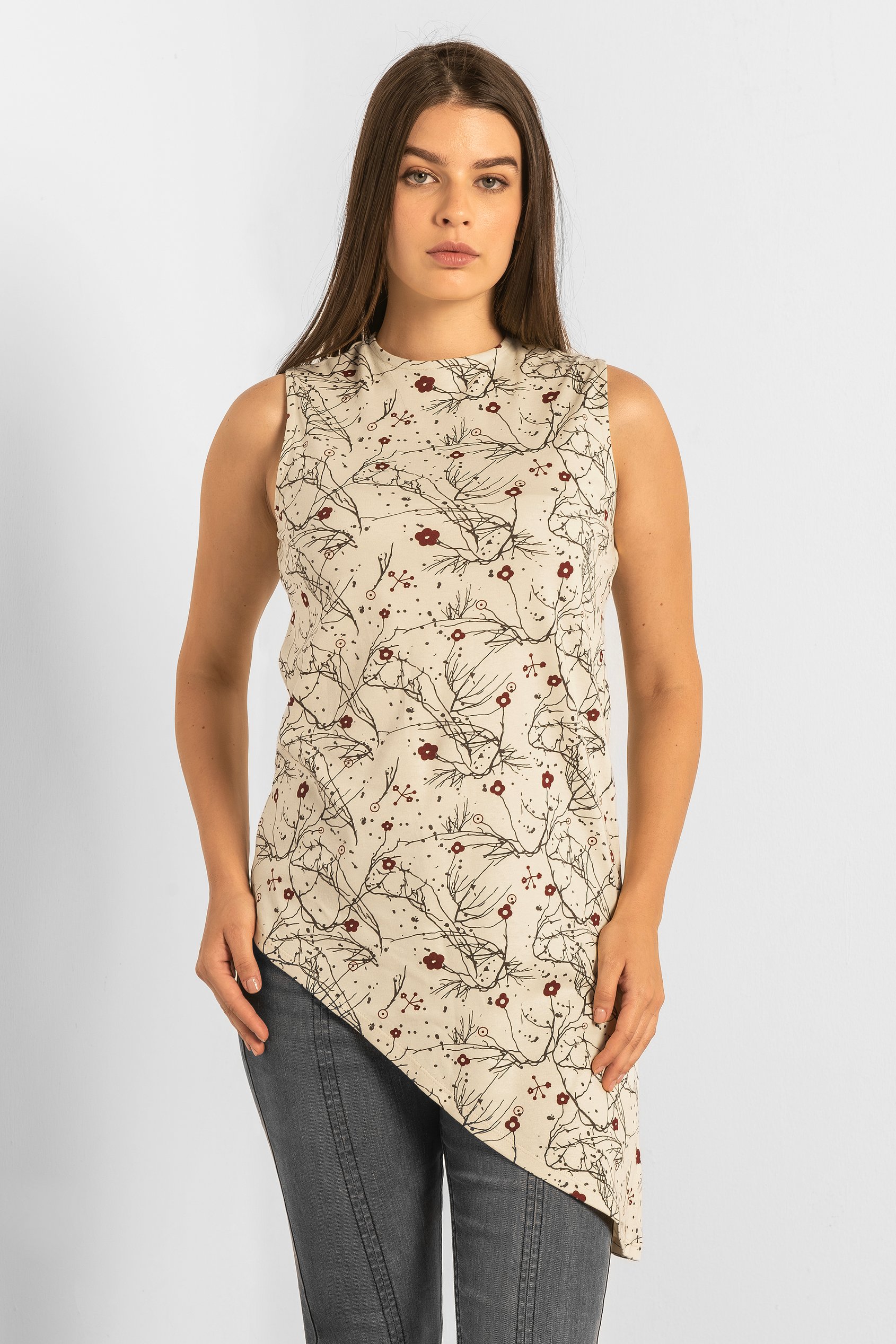 Enorsia Women's Cream Asymmetric Hem Sleeveless Top - Uk 10