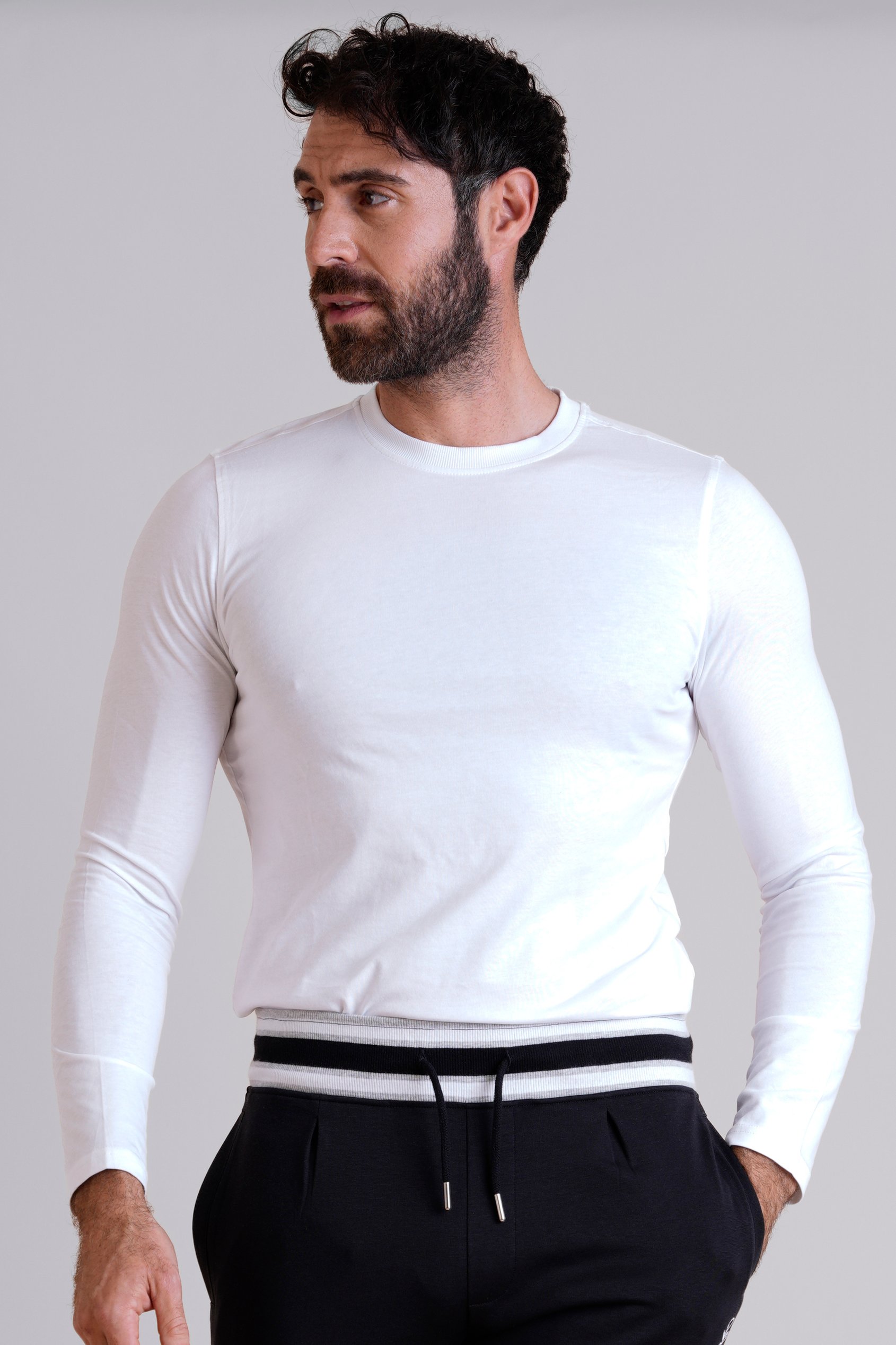 Enorsia Men's White/Grey Mélange Regular Fit Long Sleeve T-Shirt 2 Pack - Uk M